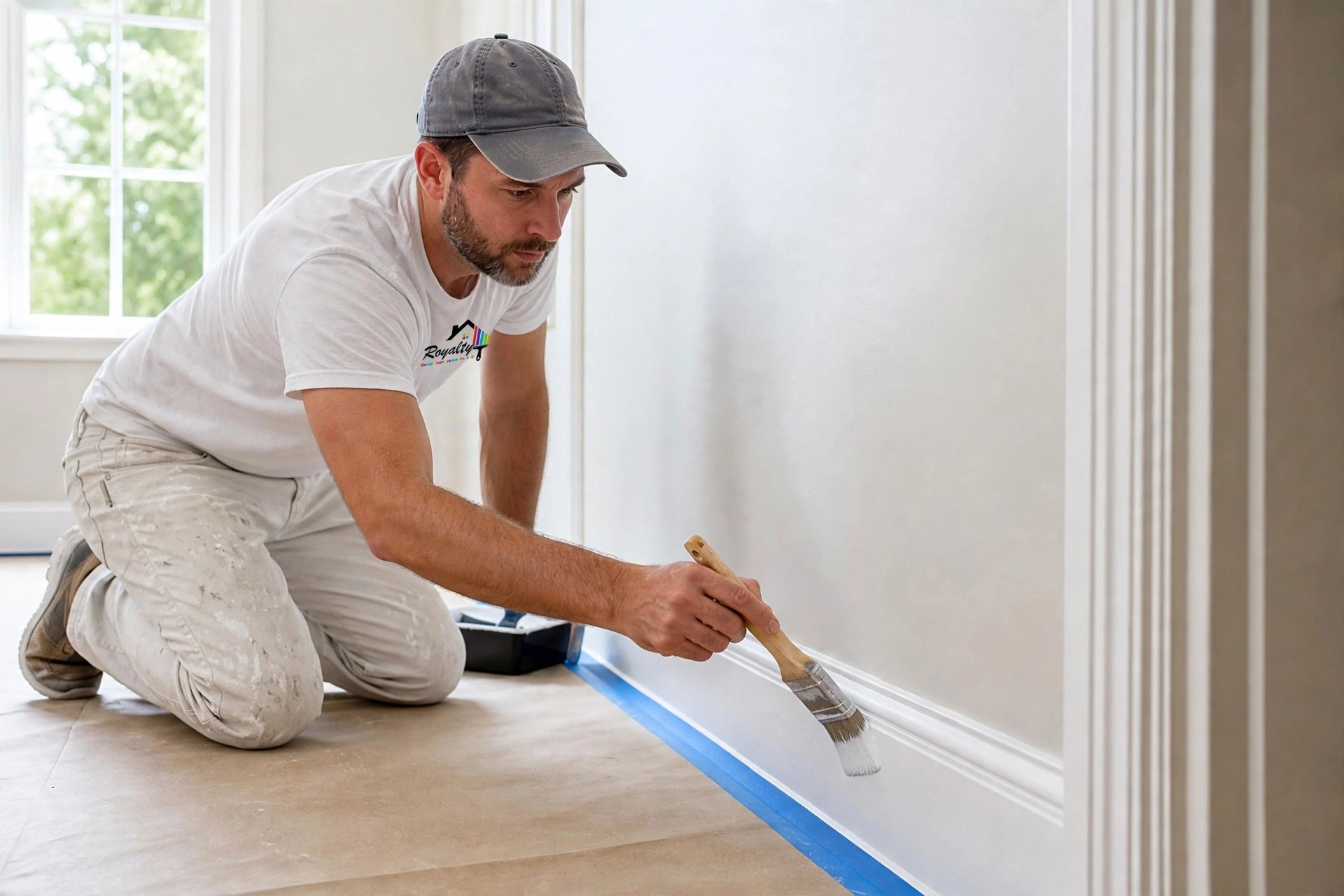 Professional painter in a Royalty Home Improvement shirt finishing baseboard trim